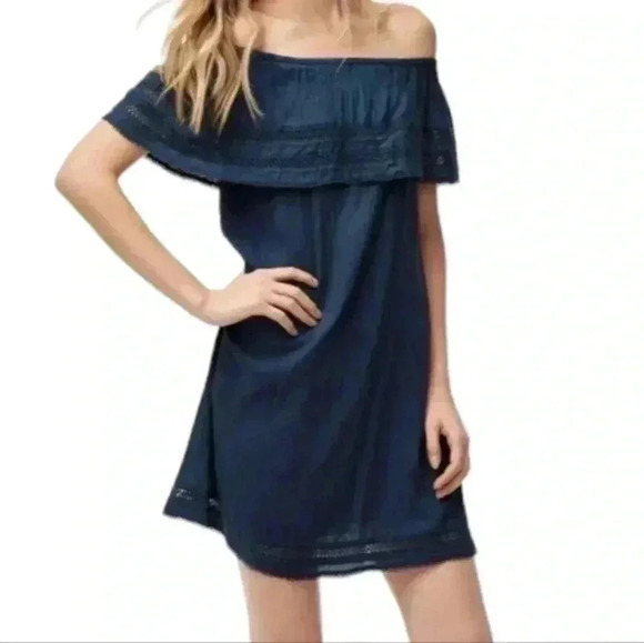 Aritzia Wilfred Emmie Dress Navy Blue Broderie Off Shoulder Ruffle Women's Small - Picture 1 of 12